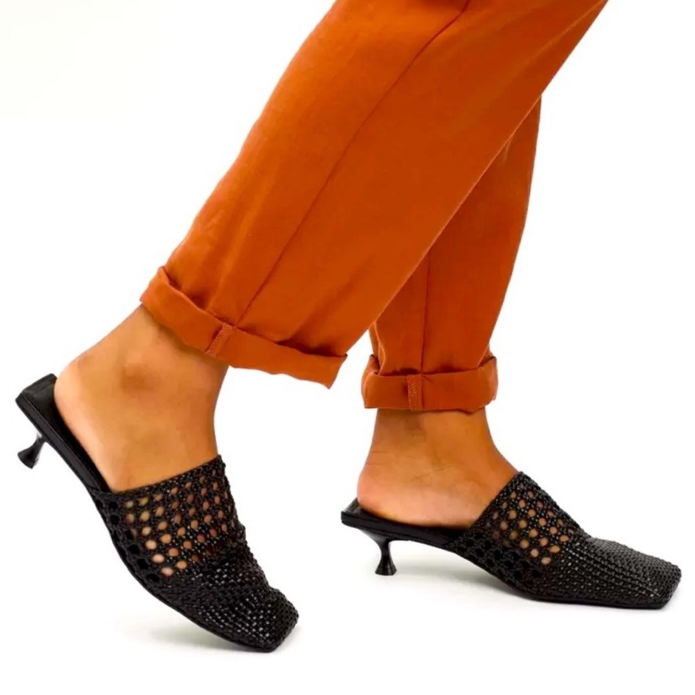Jeffrey Campbell sleek square toe kitten heel mules